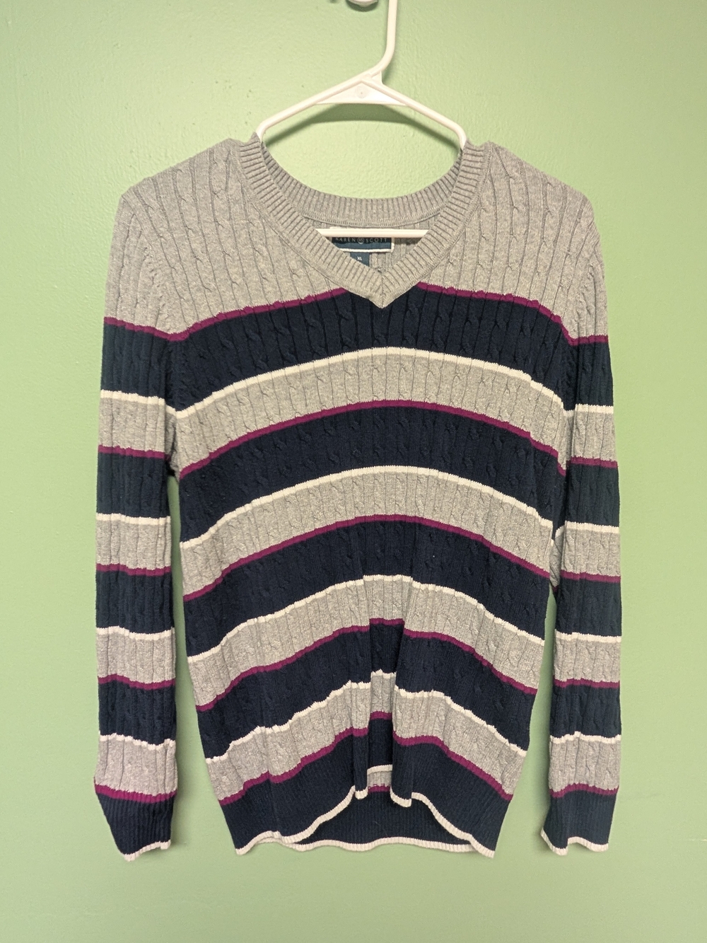 Karen Scott Striped V-Neck Sweater in Gray, Navy and Purple